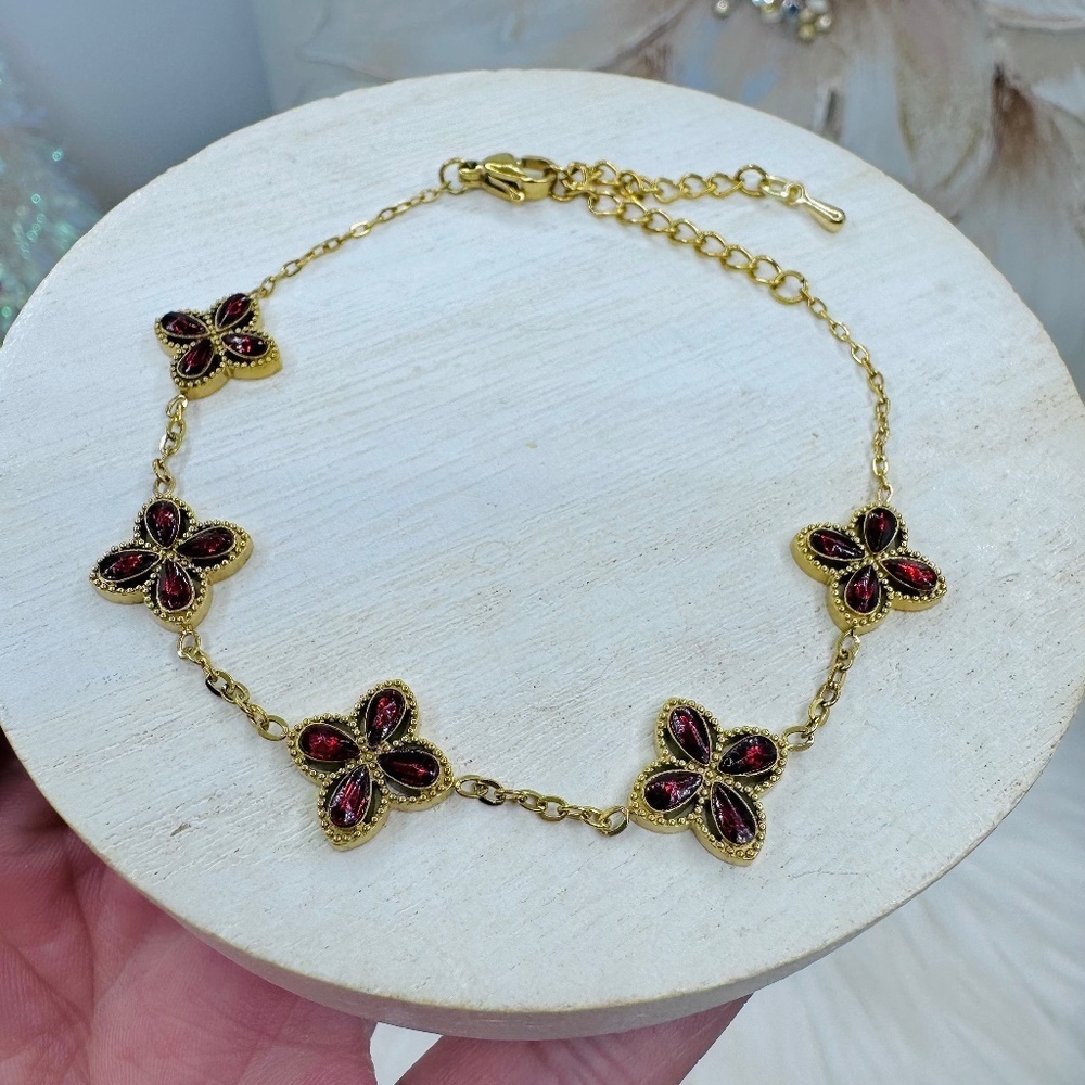 Elegant Dark Cherry Clover Floral Bracelet